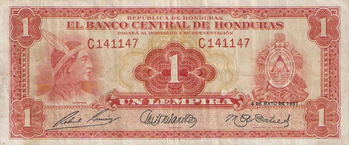 Front of Honduras p45a: 1 Lempira from 1951