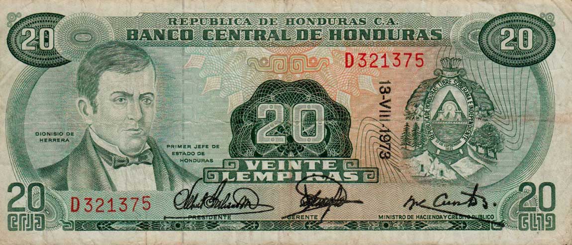 Front of Honduras p60b: 20 Lempiras from 1973