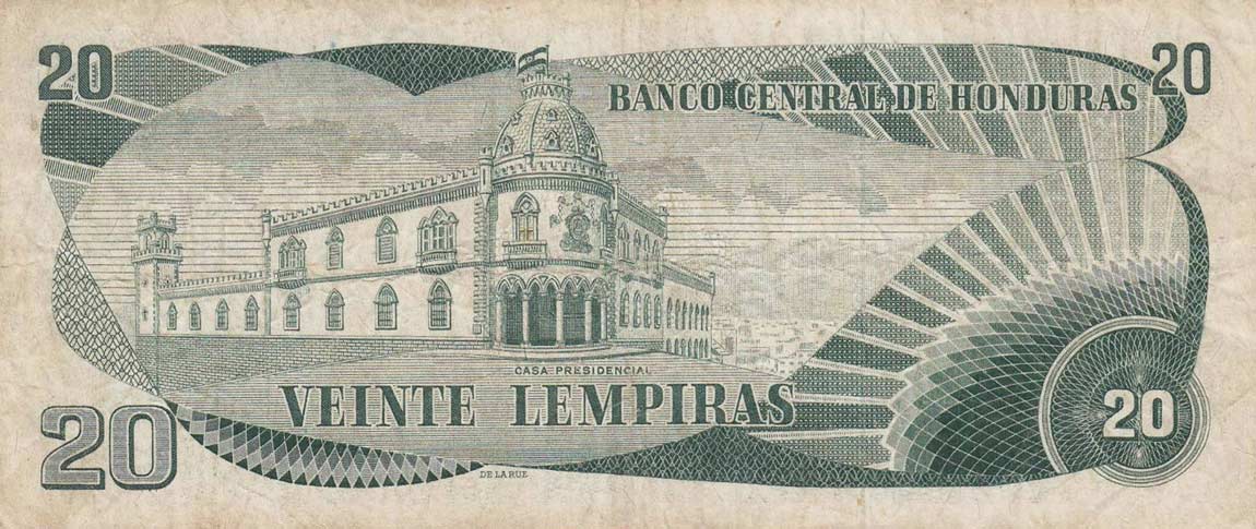 Back of Honduras p60j: 20 Lempiras from 1977