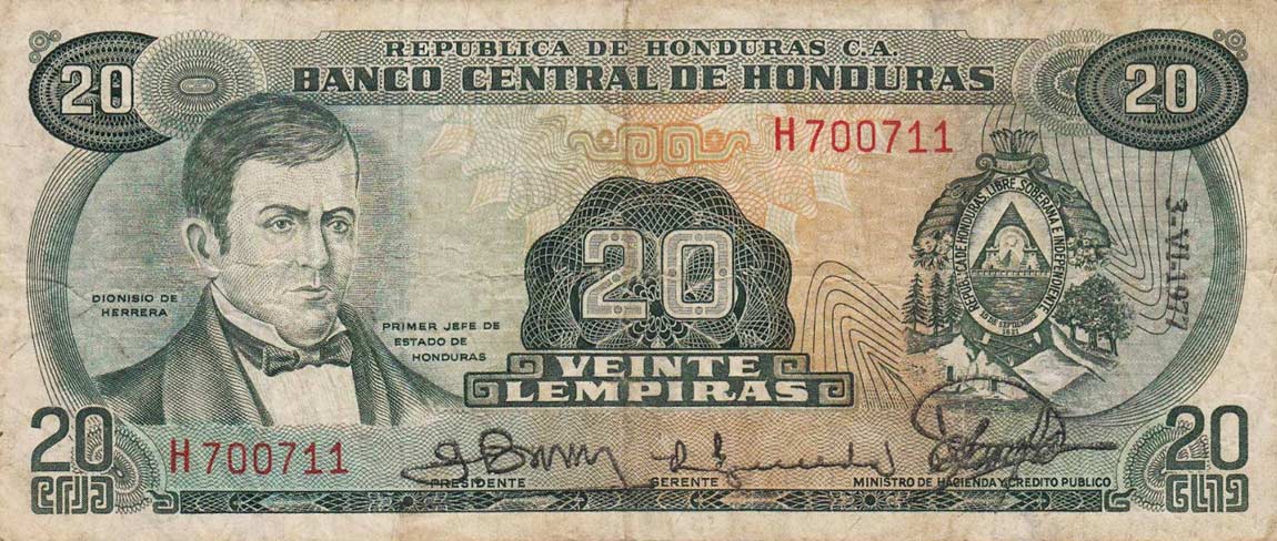 Front of Honduras p60j: 20 Lempiras from 1977