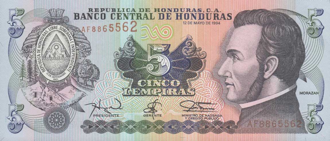 Front of Honduras p63d: 5 Lempiras from 1994