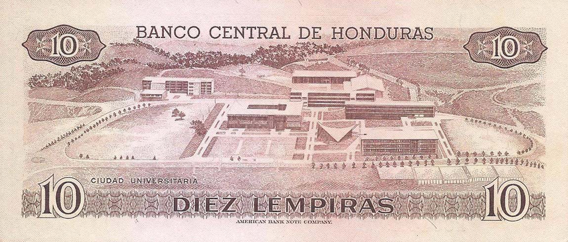 Back of Honduras p64a: 10 Lempiras from 1976