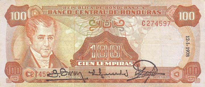 Front of Honduras p67e: 100 Lempiras from 1978
