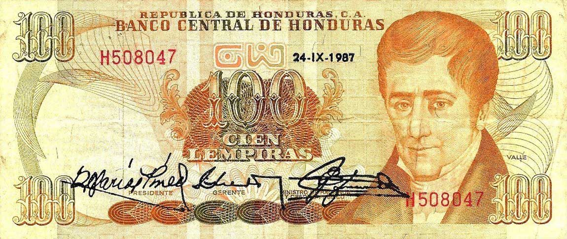 Front of Honduras p69b: 100 Lempiras from 1984