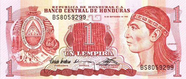 Front of Honduras p71: 1 Lempira from 1992