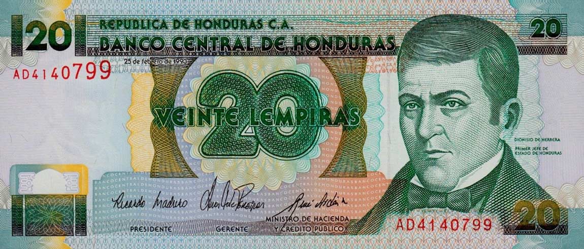 Front of Honduras p73b: 20 Lempiras from 1993