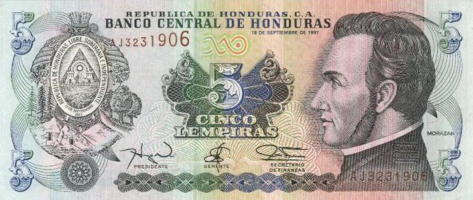 Front of Honduras p81a: 5 Lempiras from 1996