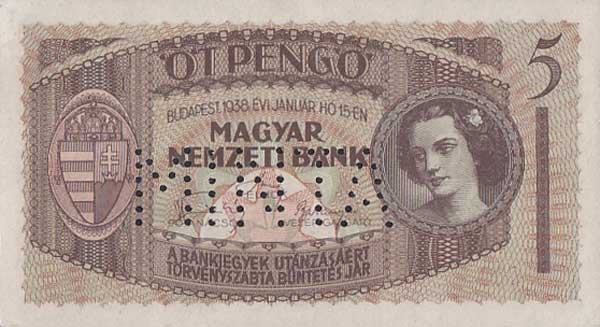 Front of Hungary p104a: 5 Pengo from 1938