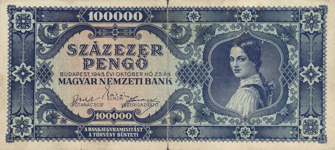 Front of Hungary p120a: 100000 Pengo from 1945