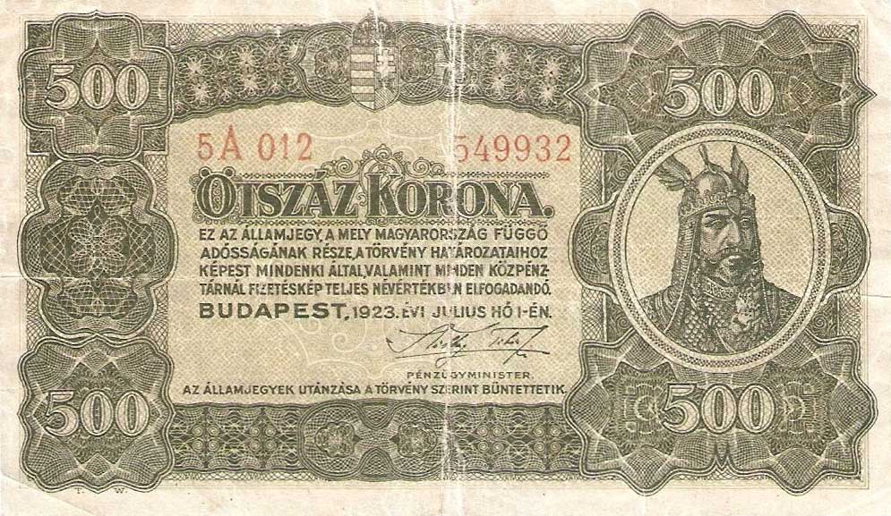 Front of Hungary p74b: 500 Korona from 1923
