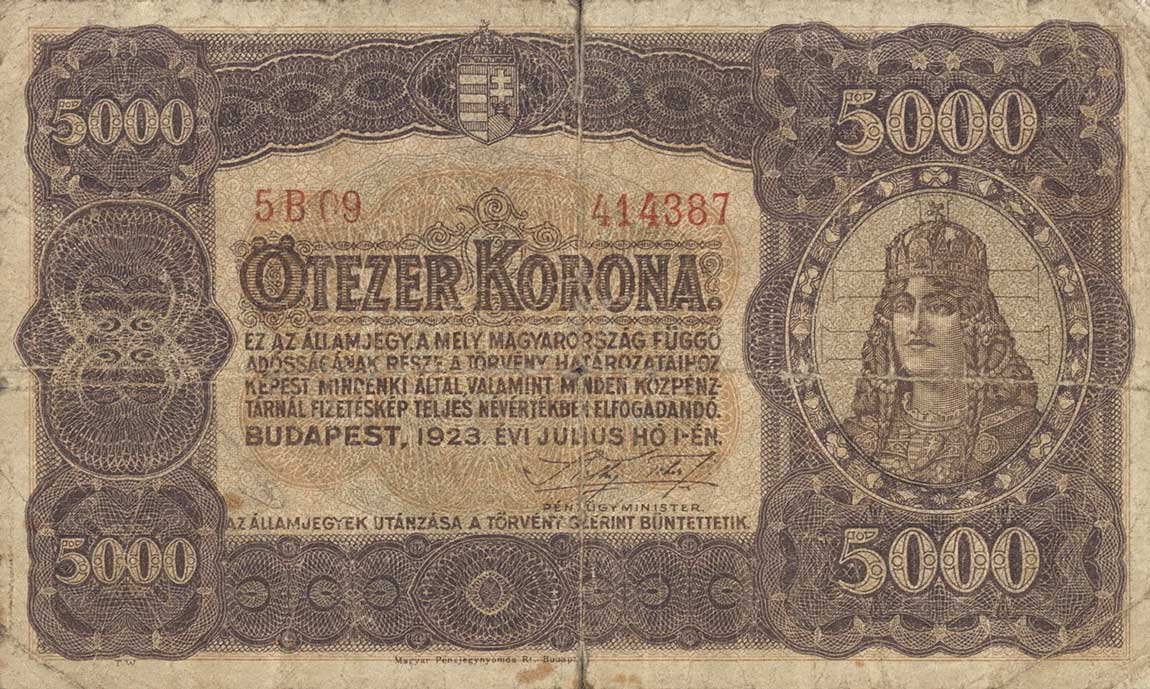 Front of Hungary p76a: 5000 Korona from 1923