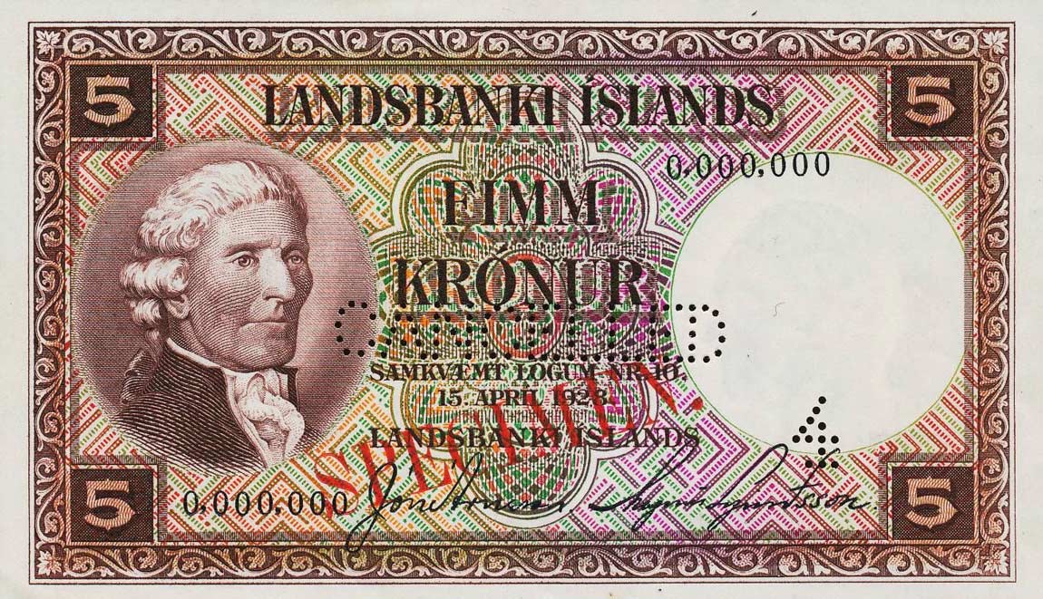 Front of Iceland p27s: 5 Kronur from 1928