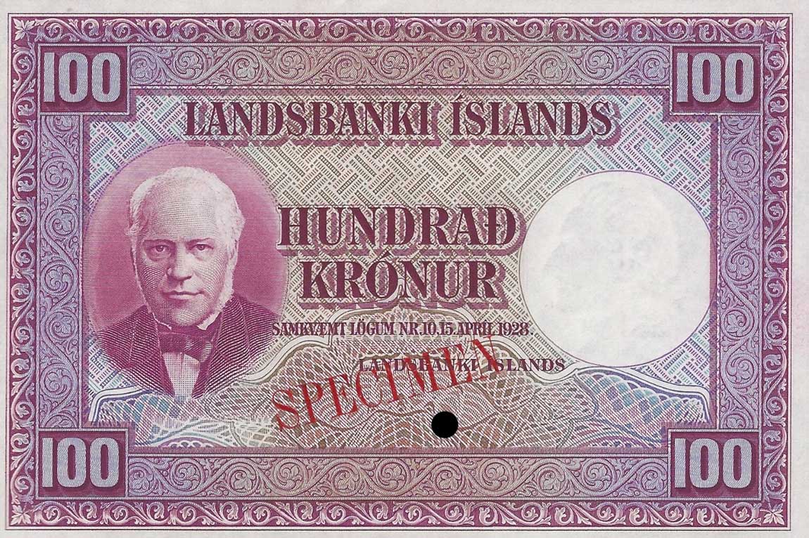 Front of Iceland p30ct: 100 Kronur from 1928