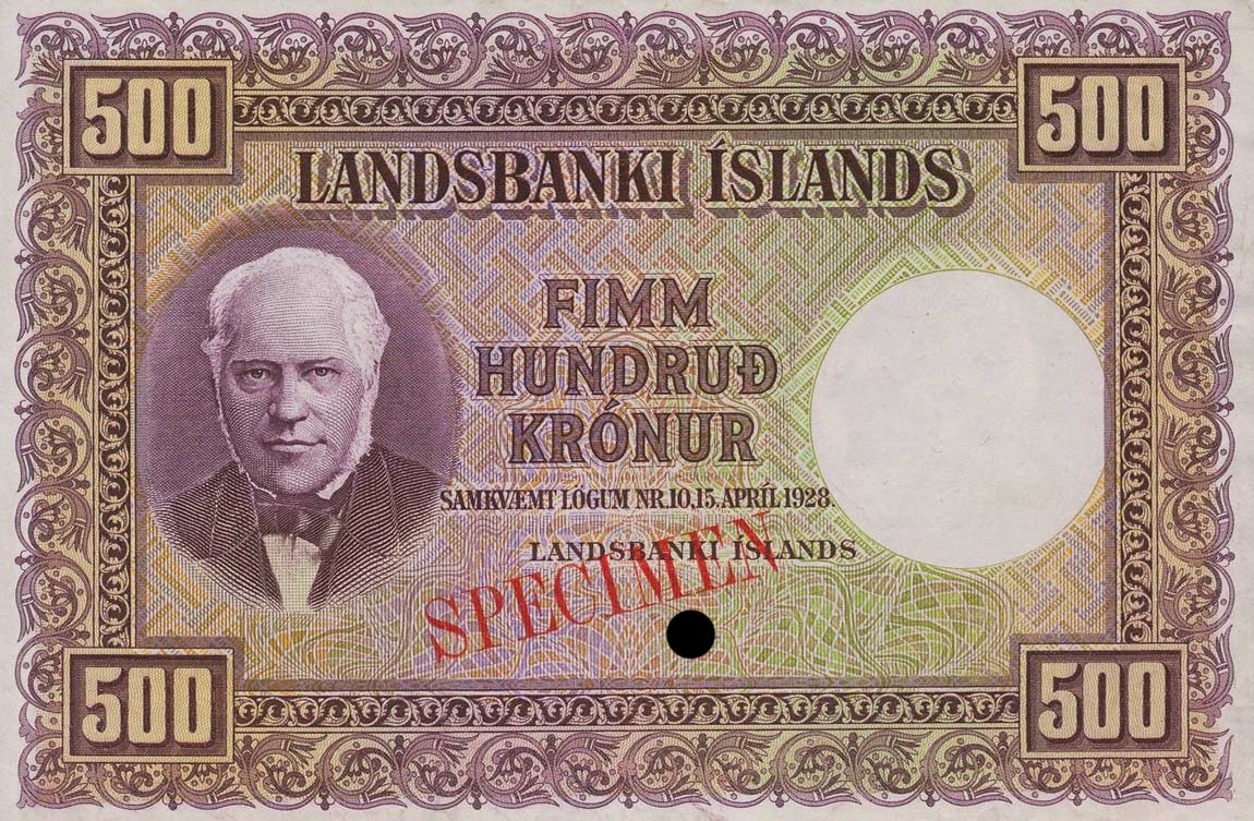 Front of Iceland p31s: 500 Kronur from 1928