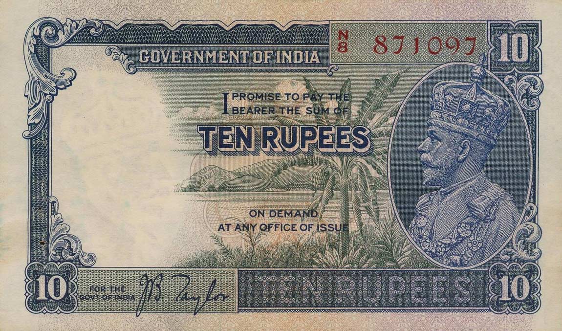 Front of India p16a: 10 Rupees from 1928