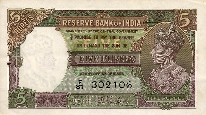 Front of India p18a: 5 Rupees from 1937