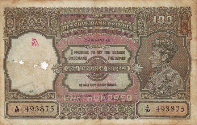 Front of India p20g: 100 Rupees from 1937