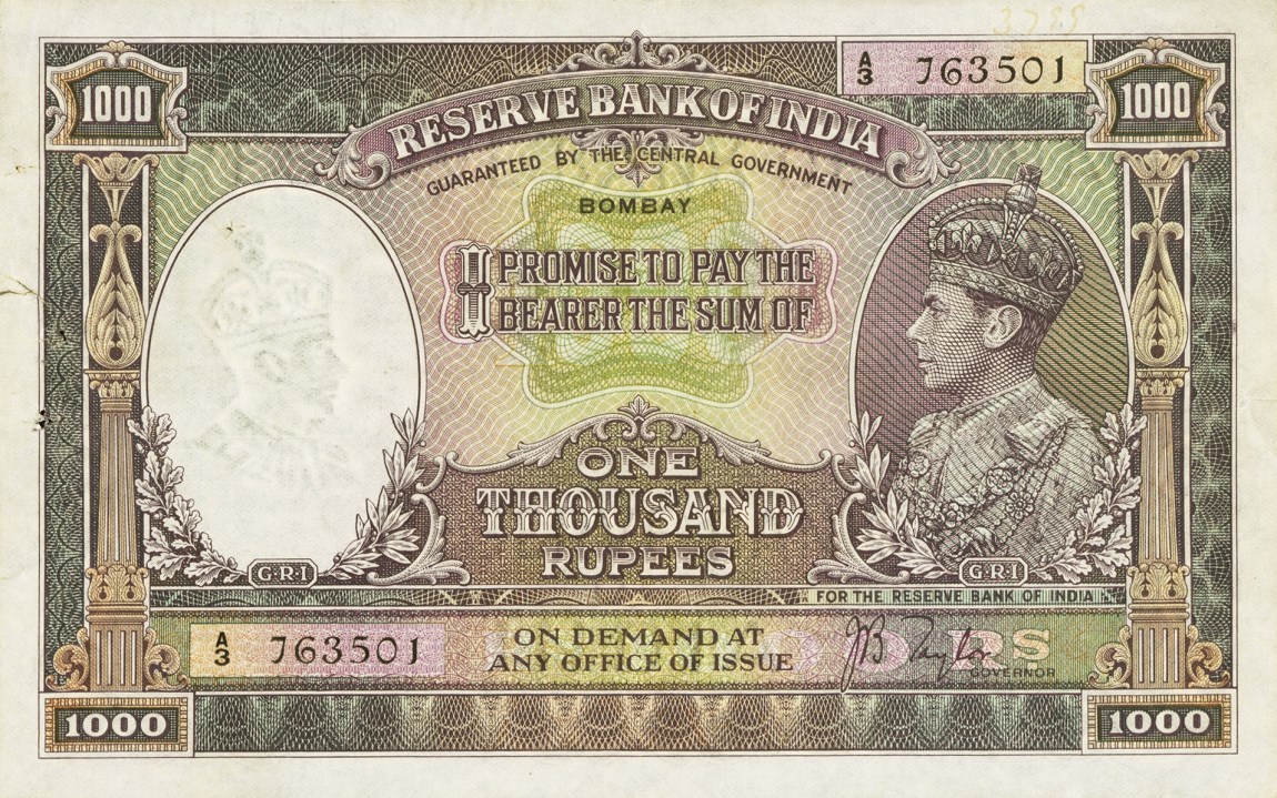 Front of India p21a: 1000 Rupees from 1937