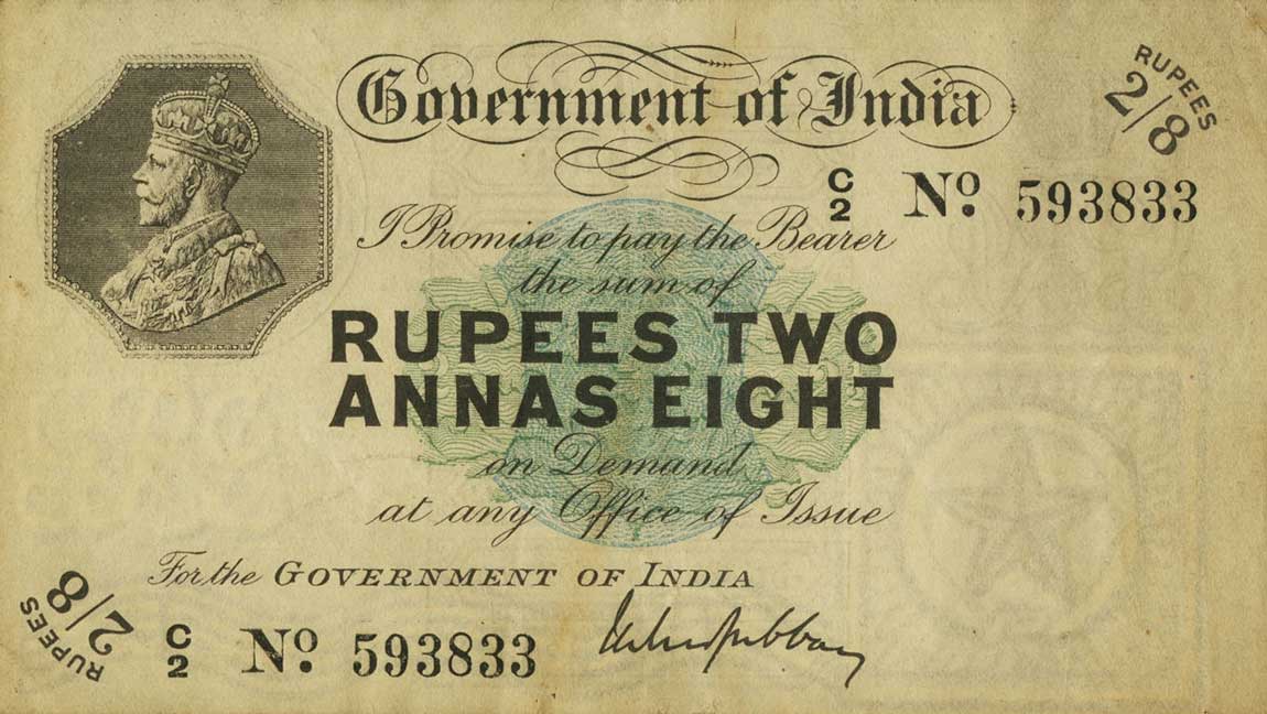 Front of India p2a: 2 Rupees from 1917