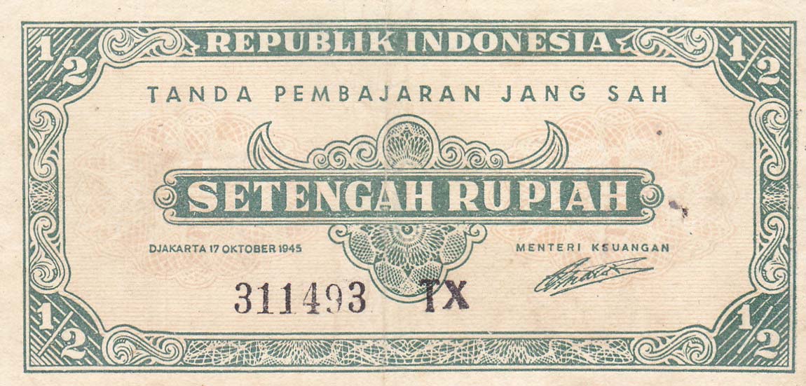 Front of Indonesia p16: 0.5 Rupiah from 1945