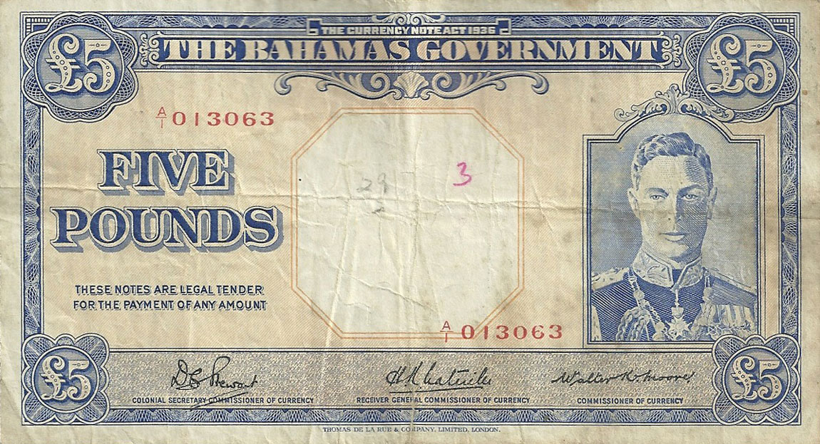 Front of Bahamas p12a: 5 Pounds from 1936