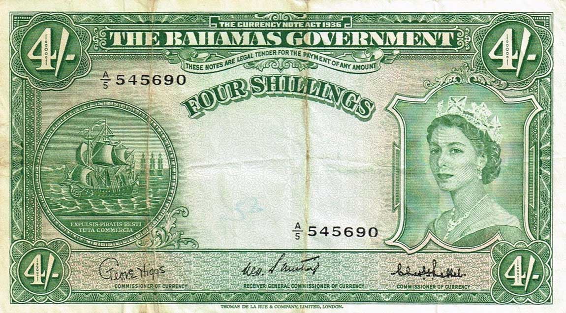 Front of Bahamas p13c: 4 Shillings from 1953