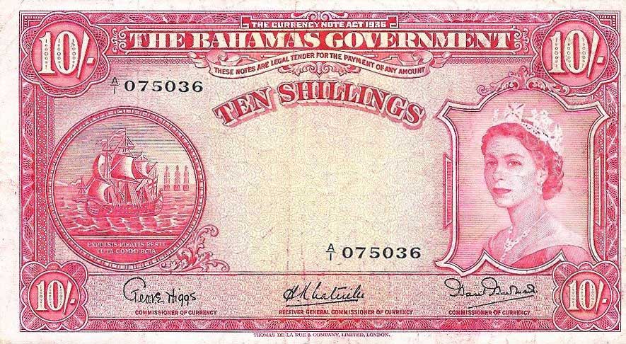 Front of Bahamas p14a: 10 Shillings from 1953