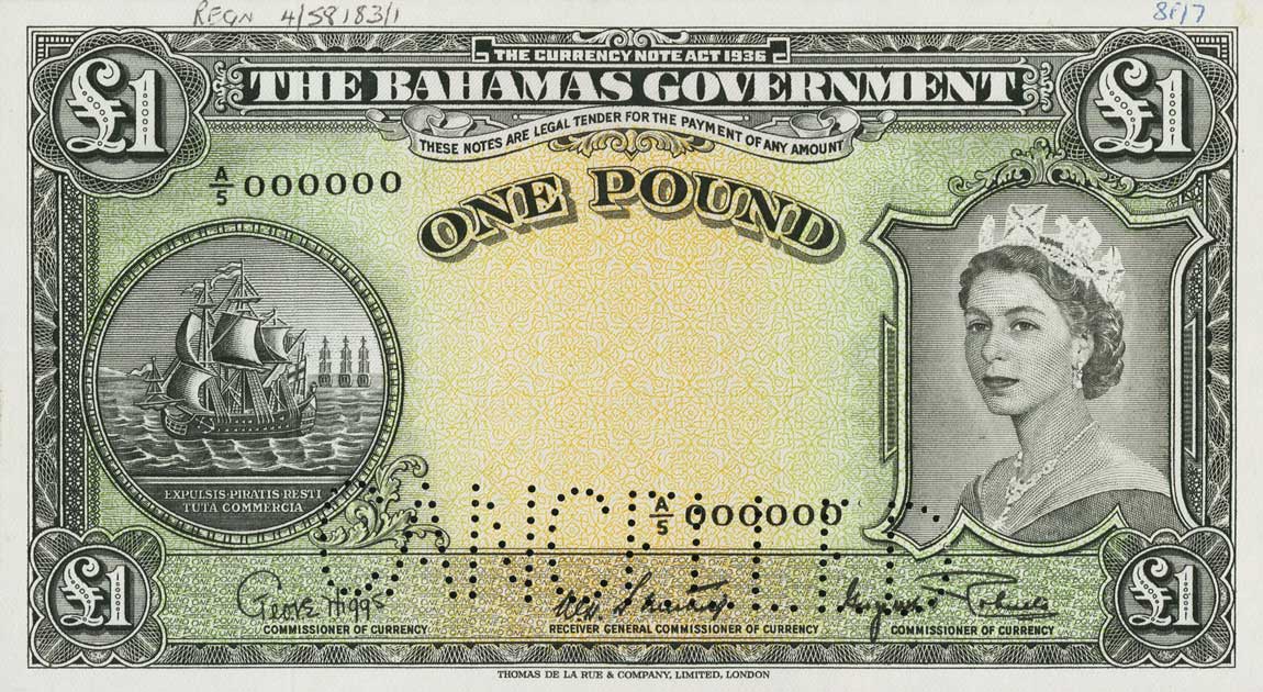 Front of Bahamas p15s: 1 Pound from 1953