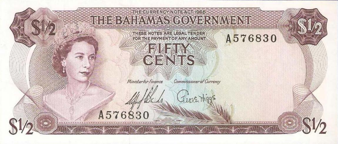 Front of Bahamas p17a: 0.5 Dollar from 1965