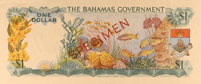 Back of Bahamas p18s: 1 Dollar from 1965