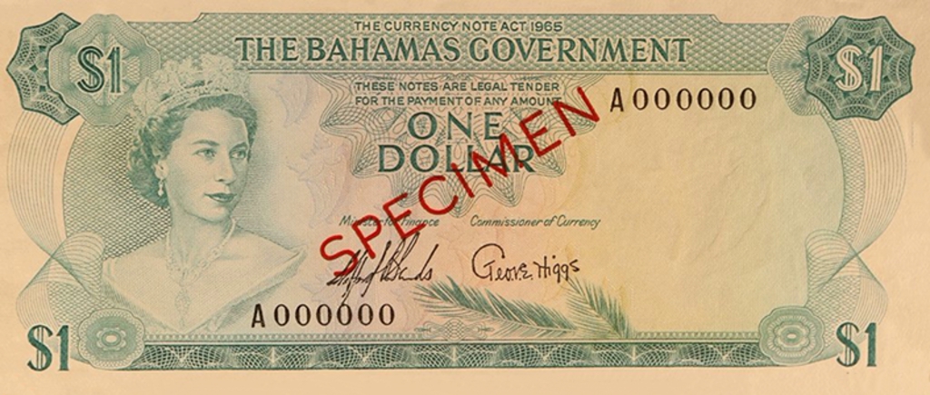 Front of Bahamas p18s: 1 Dollar from 1965