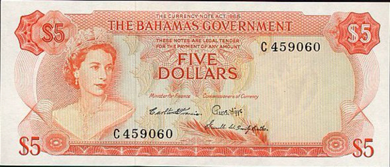 Front of Bahamas p20b: 5 Dollars from 1965