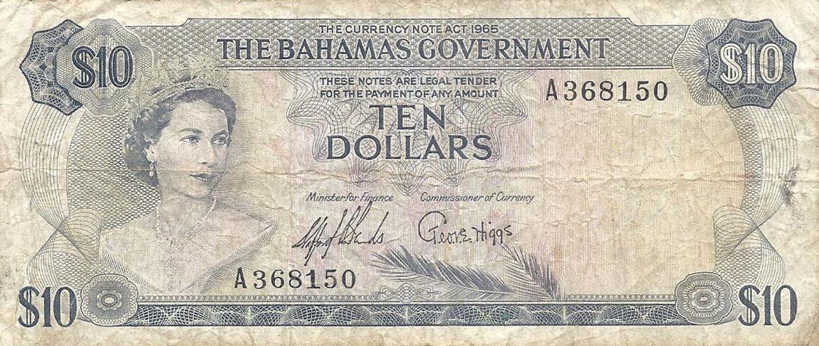 Front of Bahamas p22a: 10 Dollars from 1965