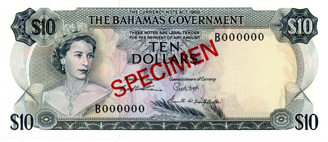 Front of Bahamas p22s: 10 Dollars from 1965