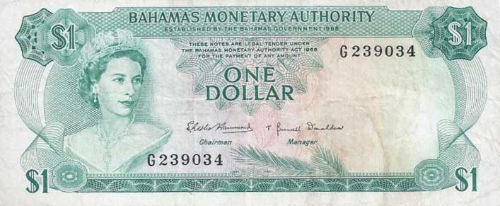 Front of Bahamas p27a: 1 Dollar from 1968