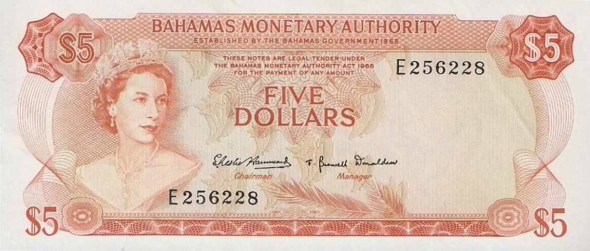 Front of Bahamas p29a: 5 Dollars from 1968