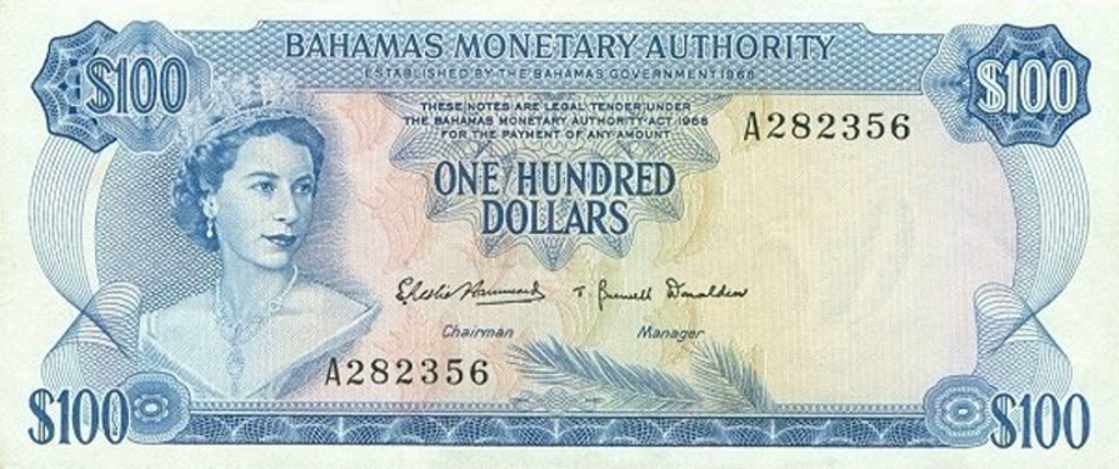 Front of Bahamas p33a: 100 Dollars from 1968