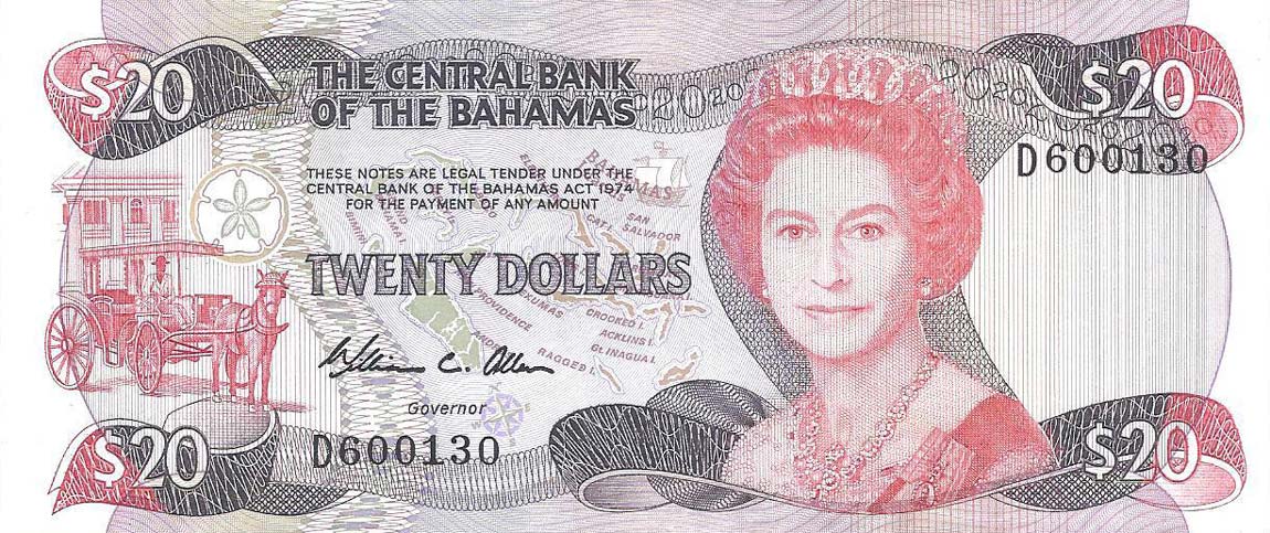 Front of Bahamas p47a: 20 Dollars from 1974