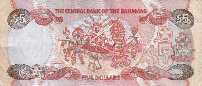 Back of Bahamas p52a: 5 Dollars from 1974