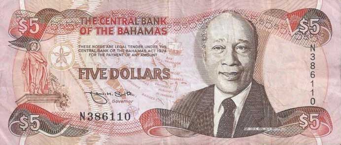 Front of Bahamas p52a: 5 Dollars from 1974