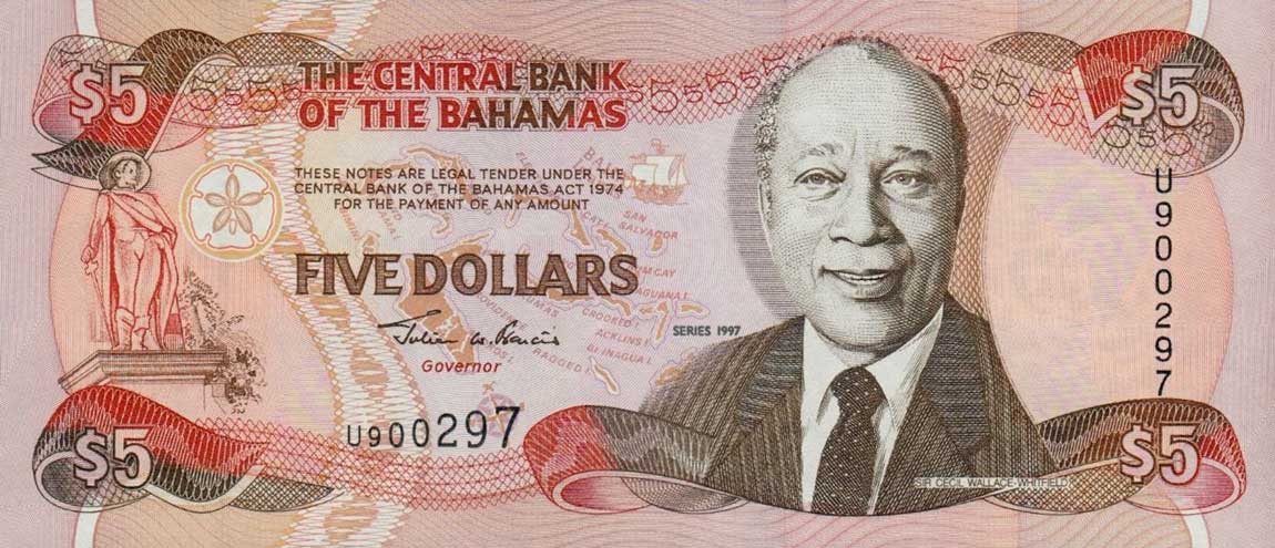 Front of Bahamas p63a: 5 Dollars from 1997