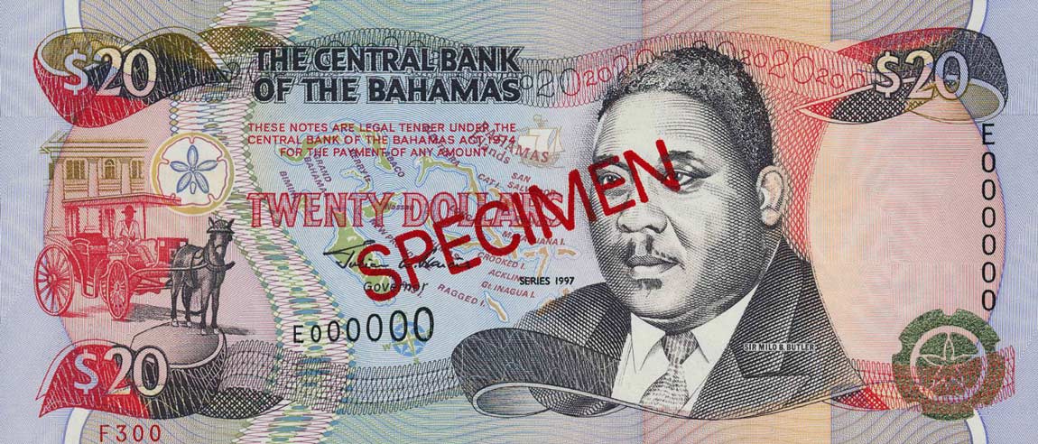 Front of Bahamas p65s: 20 Dollars from 1997