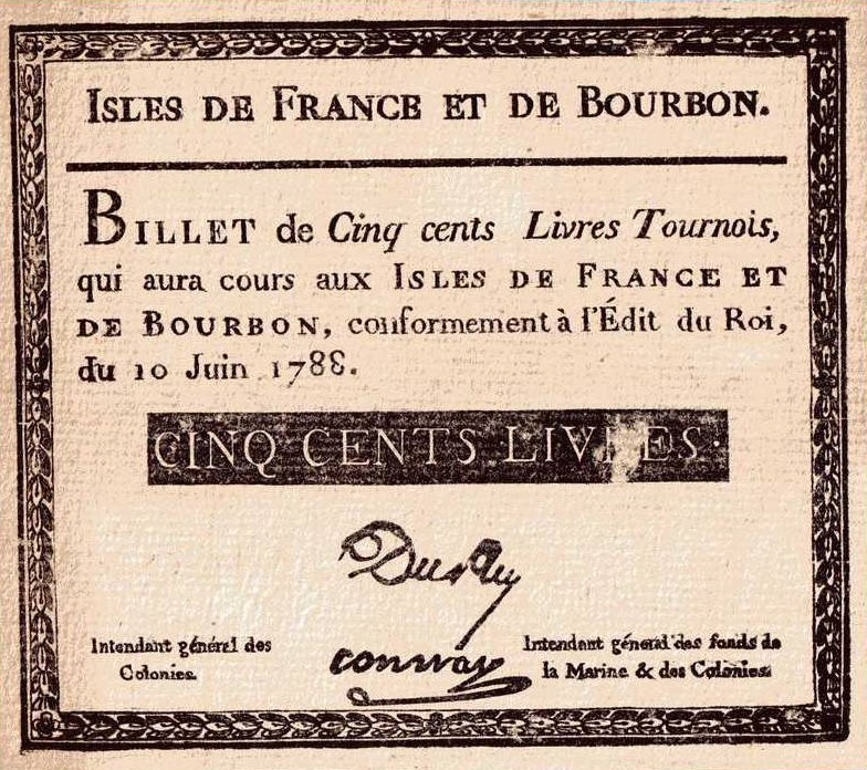 Front of Isles of France and of Bourbon p12: 500 Livres Tournois from 1788