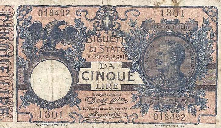Front of Italy p23c: 5 Lire from 1914
