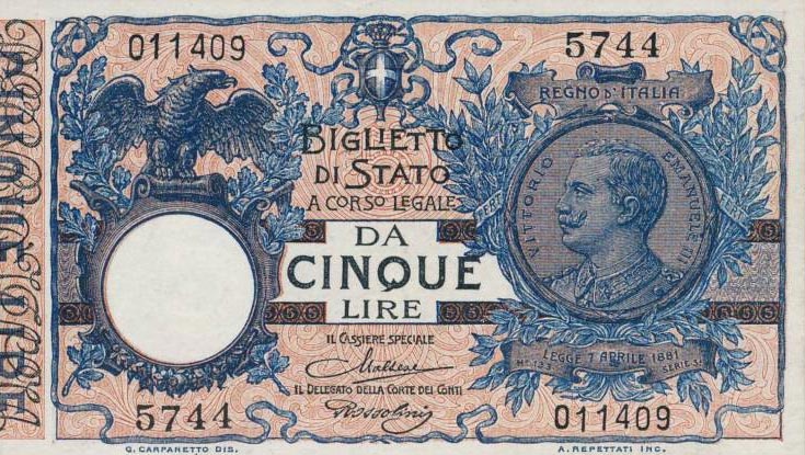 Front of Italy p23f: 5 Lire from 1923