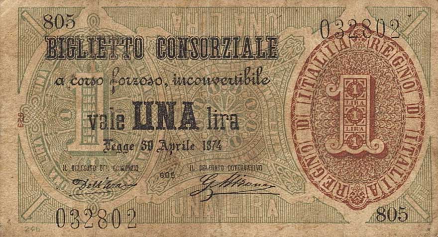 Front of Italy p2: 1 Lira from 1874