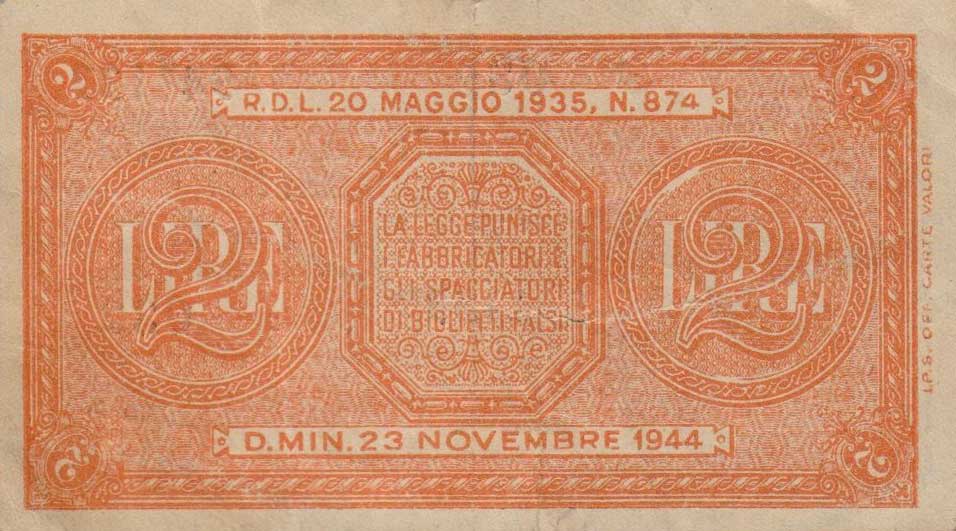 Back of Italy p30a: 2 Lire from 1944