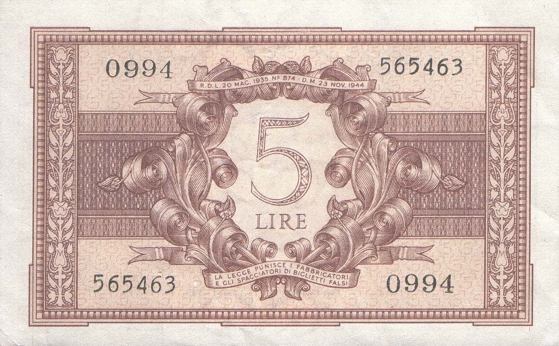 Back of Italy p31c: 5 Lire from 1944