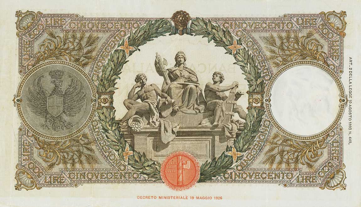 Back of Italy p51b: 500 Lire from 1929