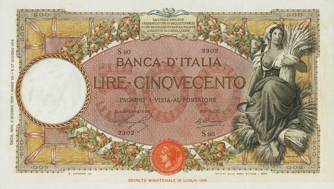 Front of Italy p51b: 500 Lire from 1929